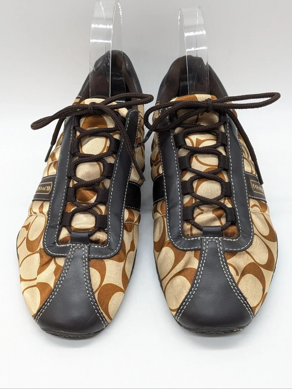 Coach Kirby Y2K Brown Tan Sateen Logo Print Lace Up Shoe 8.5